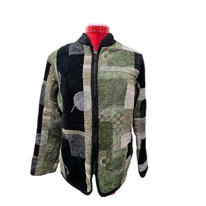 Patchwork teacher Jacket Abstract Print Olive Green Black Textured Bohemian Coat